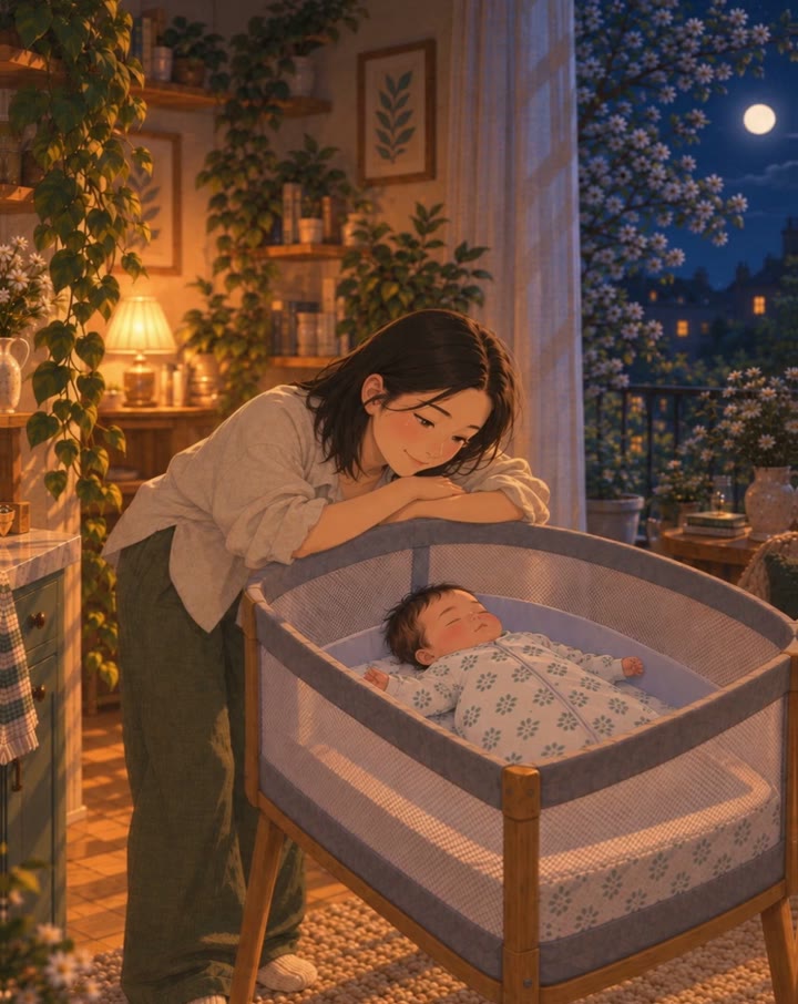 A mother leans on the bassinet and watches her baby sleep, in lamplight at night