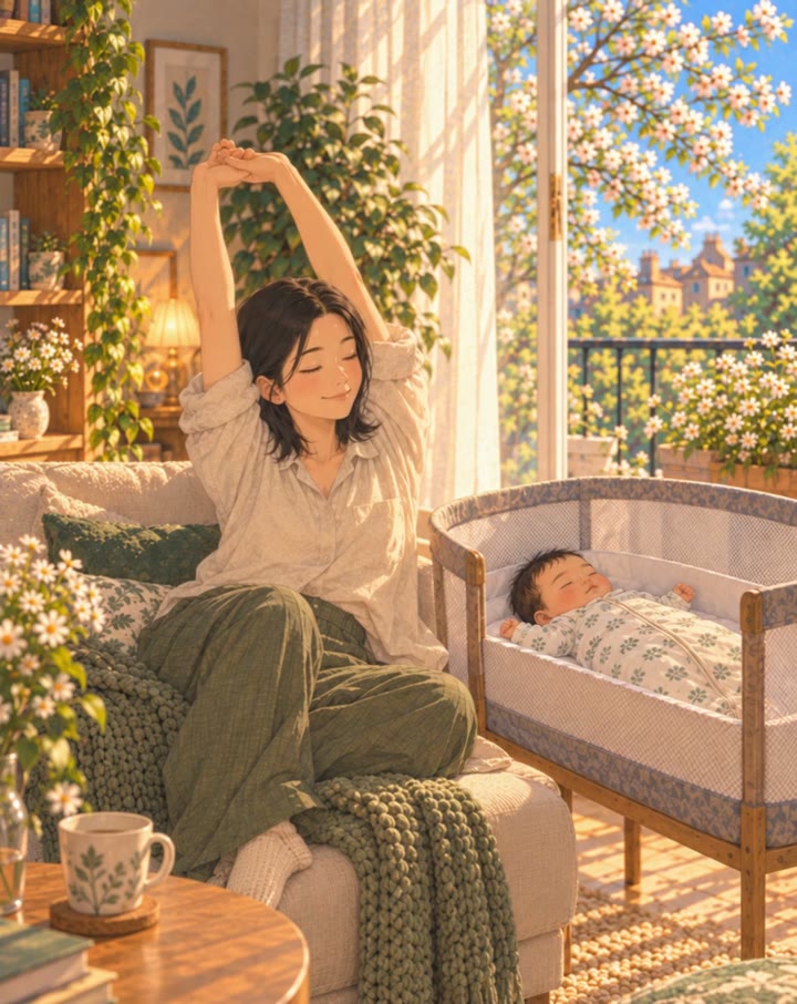 A mother stretches her arms on the sofa while her baby sleeps nearby