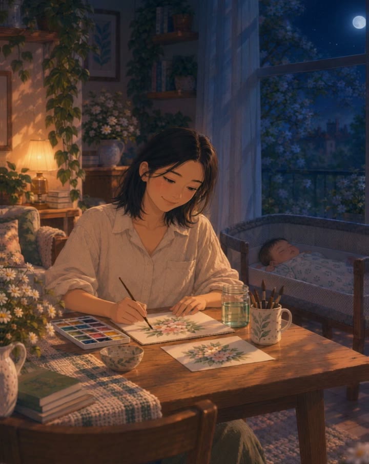 A mother paints with watercolours while her baby sleeps nearby, in lamplight at night